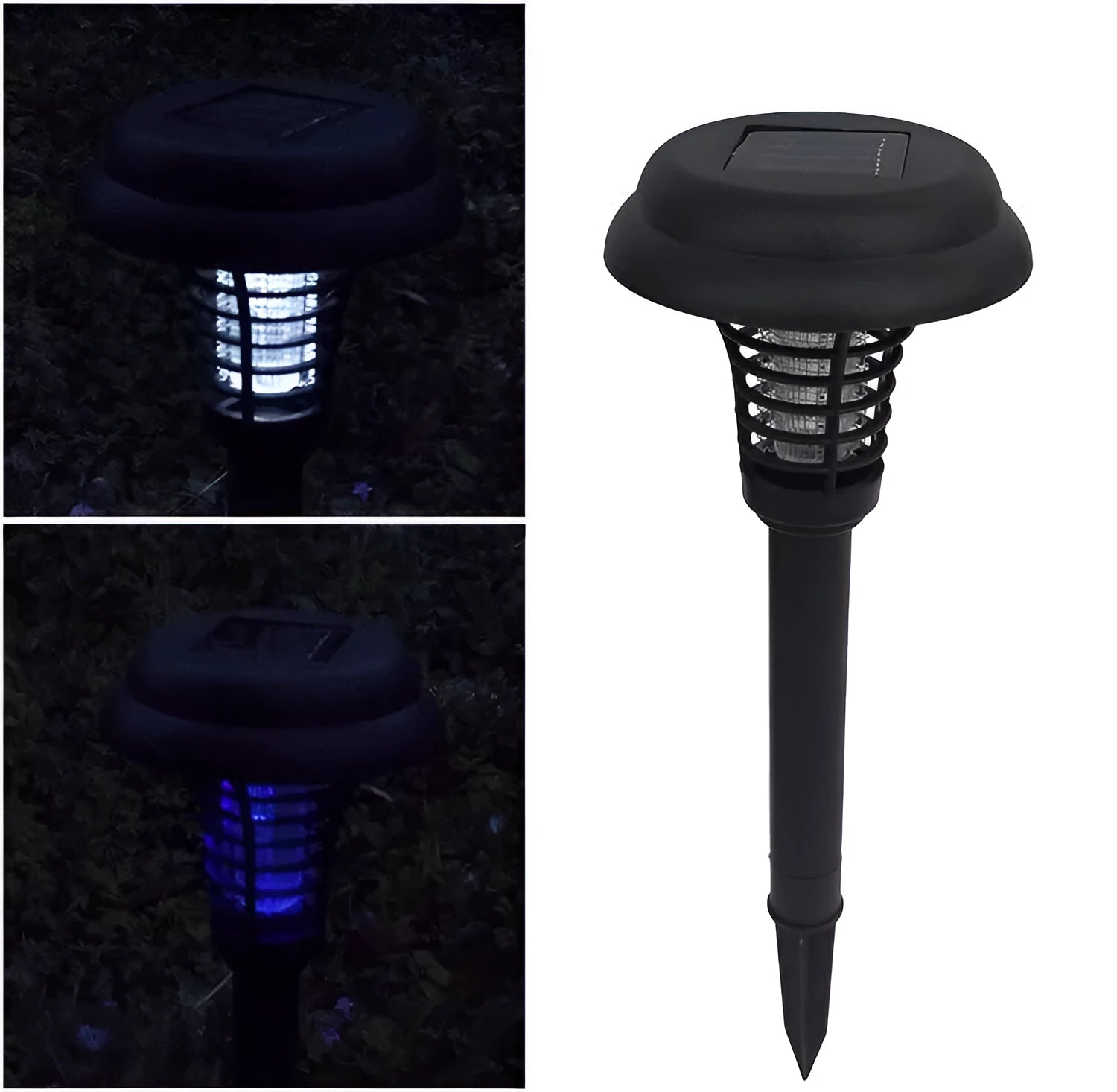 Black solar insect killing lawn lamp with dual white and UV purple lights for garden mosquito control