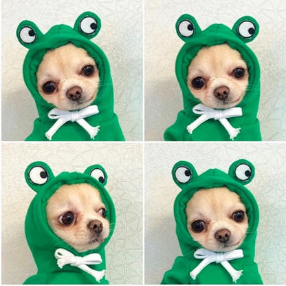Two-legged hooded fleece outfit for dogs in fruit green, perfect for cooler weather