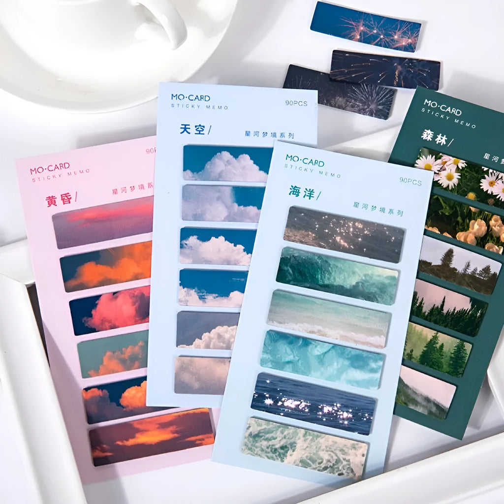 Set of 90 star-themed, writable PET post-it note markers in sky, moon, ocean, fire, dusk, and forest colours.