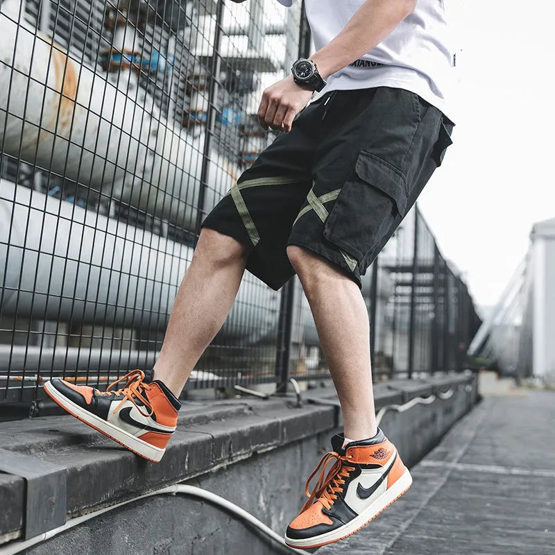 Summer cargo shorts with belt, straight leg, mid waist, black colour, front view