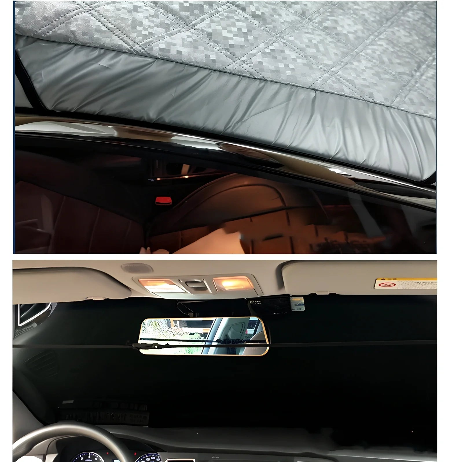 Silver magnetic windshield cover showing aluminium foil coating and edge magnets for vehicle protection