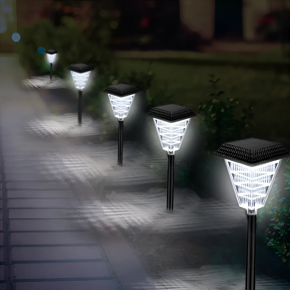 TS-S5103 solar garden light with 12 LED bulbs in ABS housing showing colour mode options
