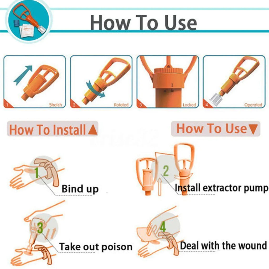 Orange portable first aid suction device for venom extraction, shown with two suction cups, a tourniquet, and swabs.