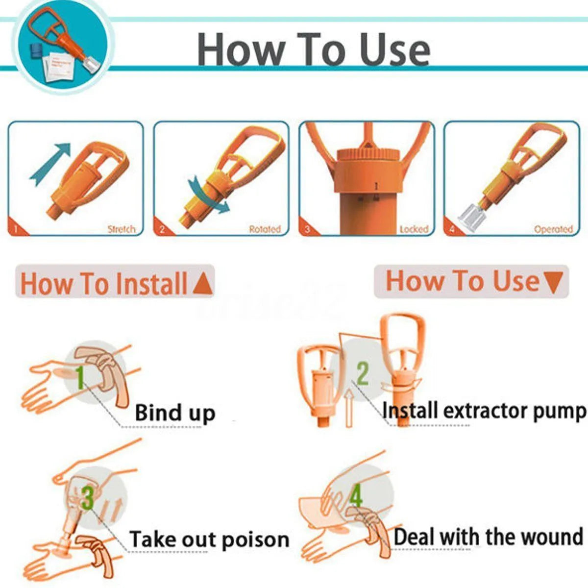 Orange portable first aid suction device for venom extraction, shown with two suction cups, a tourniquet, and swabs.