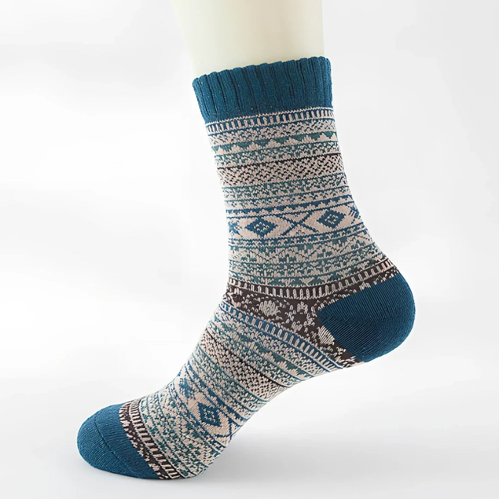 Pack of 5 thick stripe wool blend socks in various colours, featuring 15% rabbit hair for winter warmth, fitting sizes 39-42