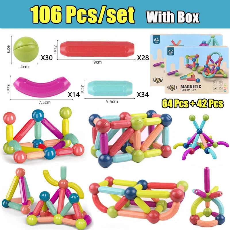 Magnetic building blocks and rods in various sizes and colors for creative play and early learning