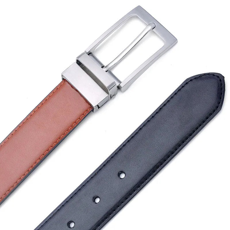 Men's brown and black genuine leather belt with rotating alloy pin buckle showing length options