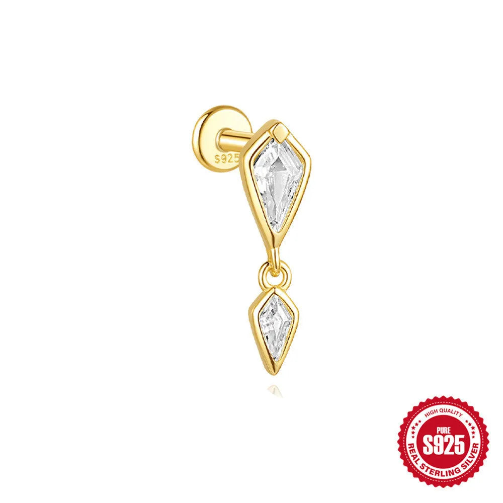 S925 sterling silver geometric kite-shaped earrings with rhinestones and a dangling chain tassel in a gold colour.