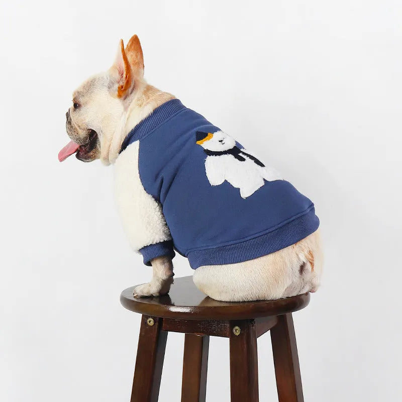 Dark blue fleece-lined cotton winter dog jacket shown in L size on mannequin