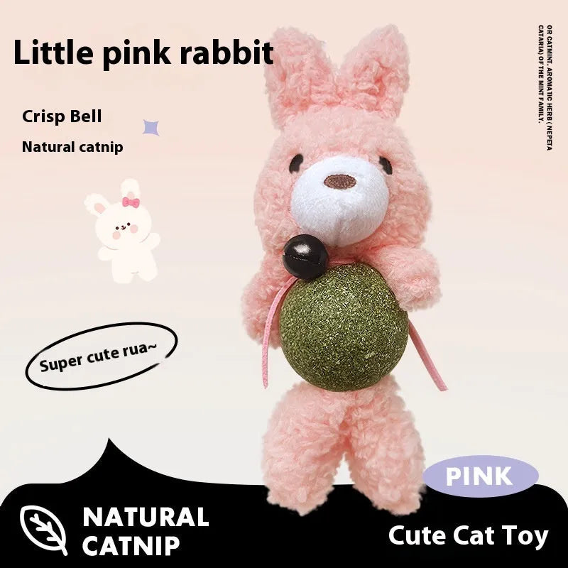 Plush cat toy with mint-scented ball and jingle bell in animal doll design for cat chewing and play