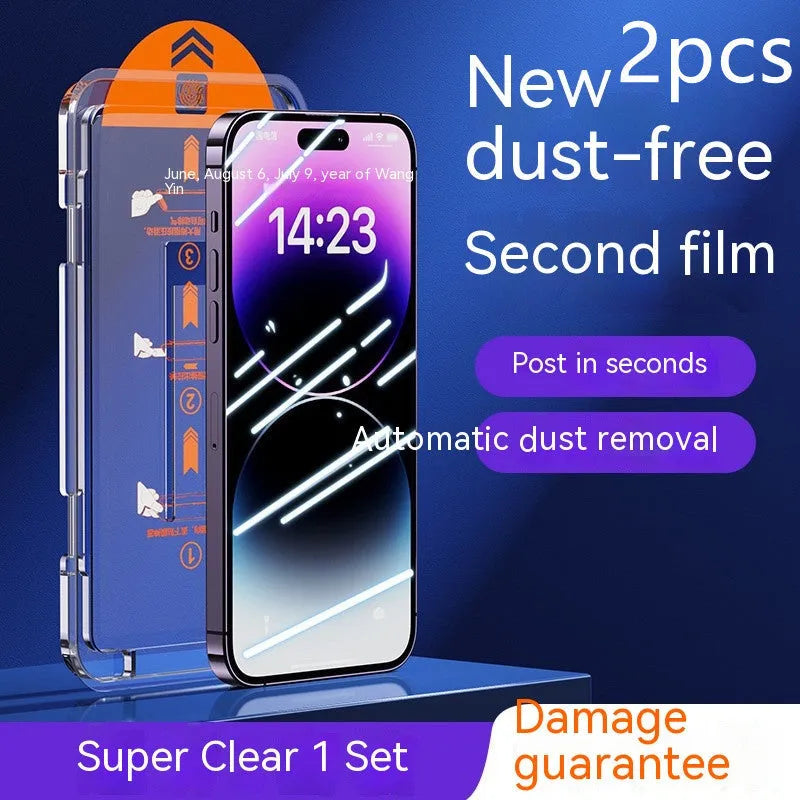 Two-pack dust-free tempered glass screen protector for iPhone, showing HD and privacy variants.