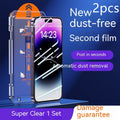 Two-pack dust-free tempered glass screen protector for iPhone, showing HD and privacy variants.