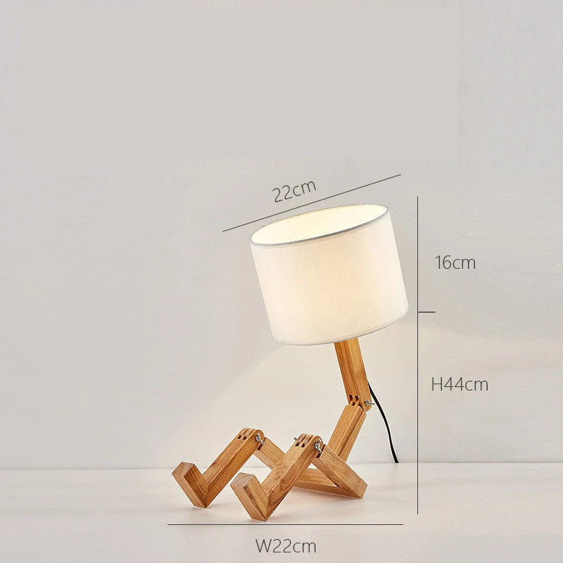 Robot shaped LED table lamp with flexible wooden base and linen shade