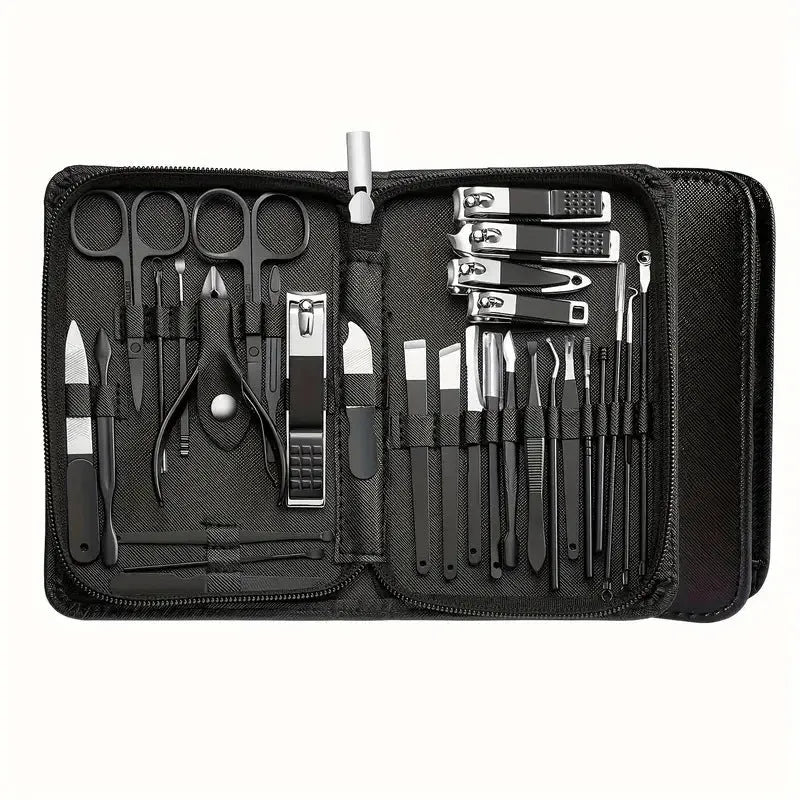 30-piece stainless steel nail tool set in selected colour showing multiple implements
