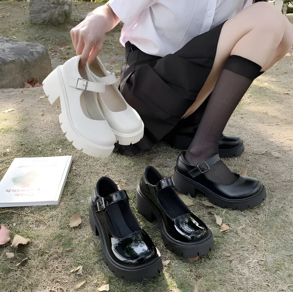 Women's British style buckle patent leather low heel shoes in beige with round toe and rubber sole