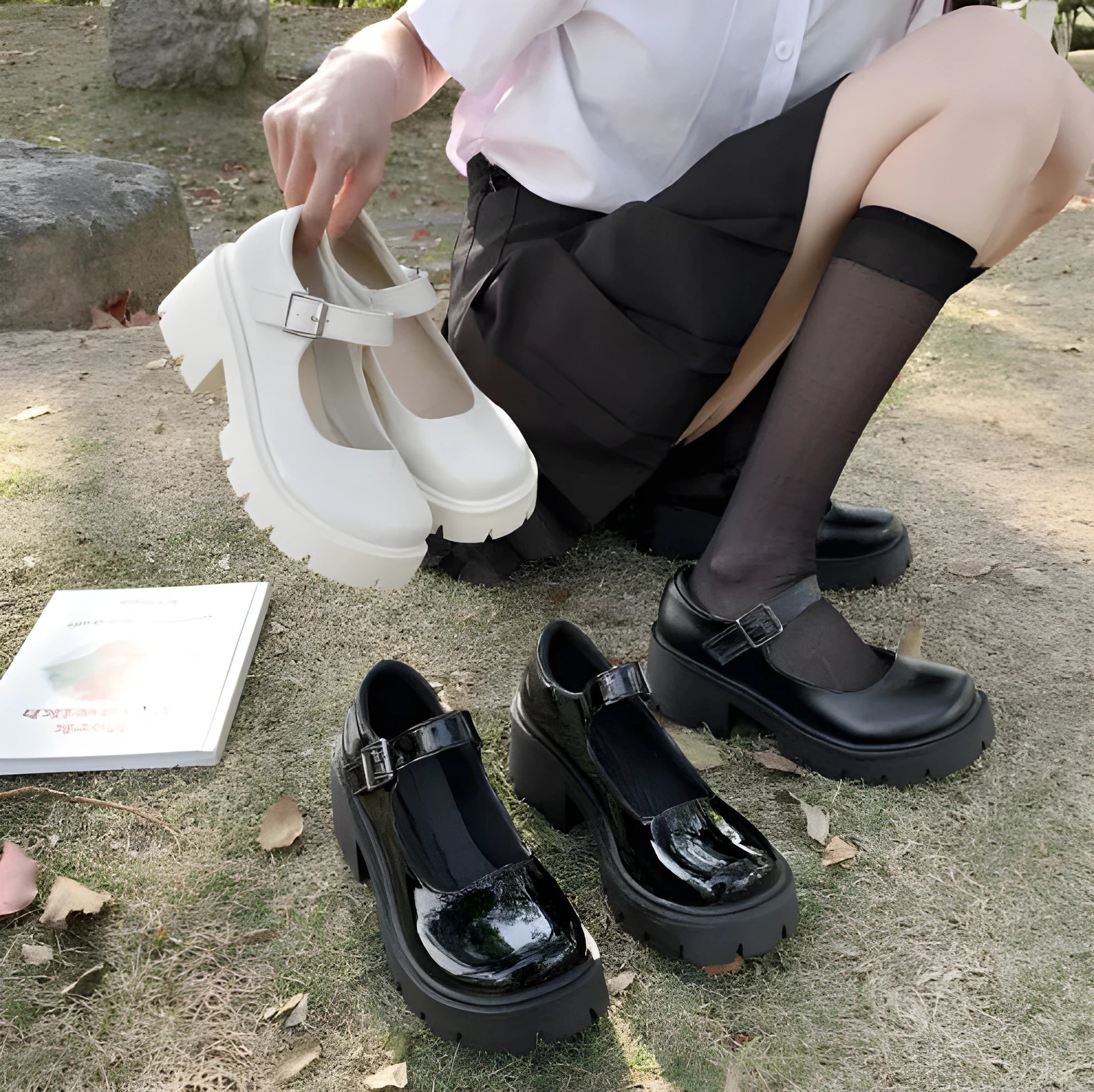 Women's British style buckle patent leather low heel shoes in beige with round toe and rubber sole