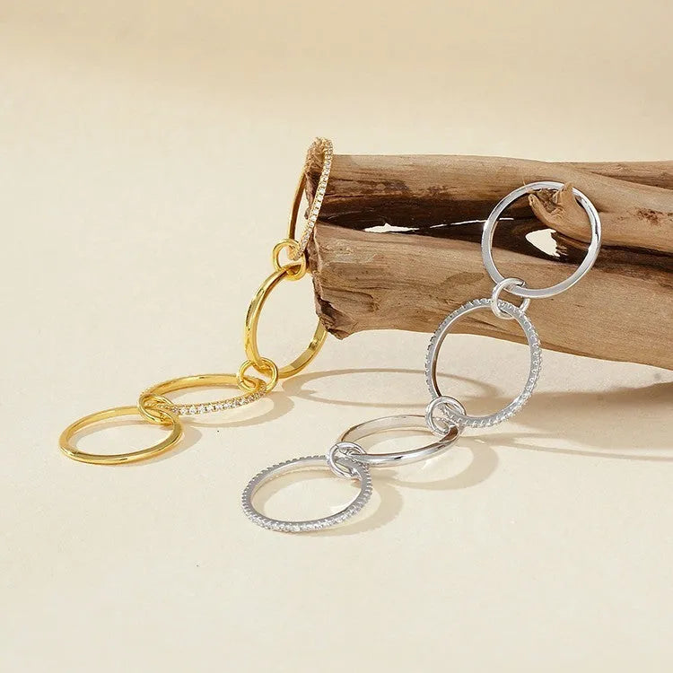 S925 sterling silver four-ring buckle row ring with inlaid zircon in 18k gold colour, unisex minimalist style
