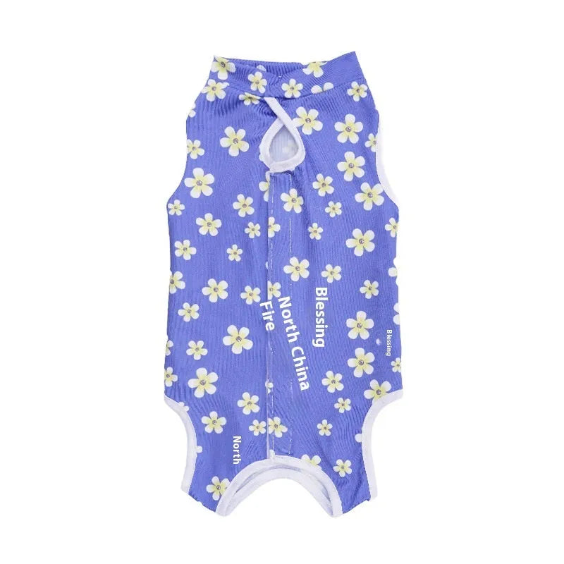Colourful printed cat sterilisation suit with velcro closures for post-operation recovery.