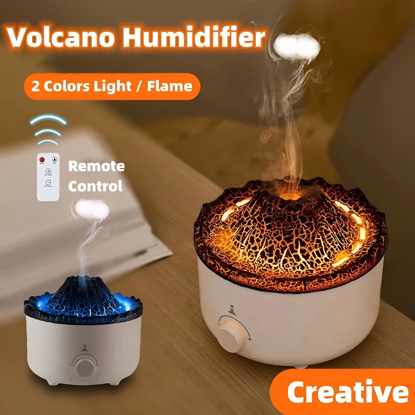 Small white volcano-shaped humidifier with simulated flame lighting and remote control