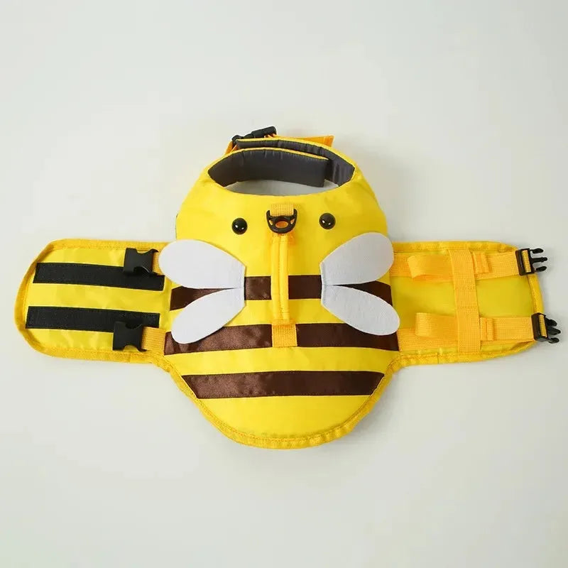 Green dog life jacket with reflective trim and quick-release buckle, shown on a dog model