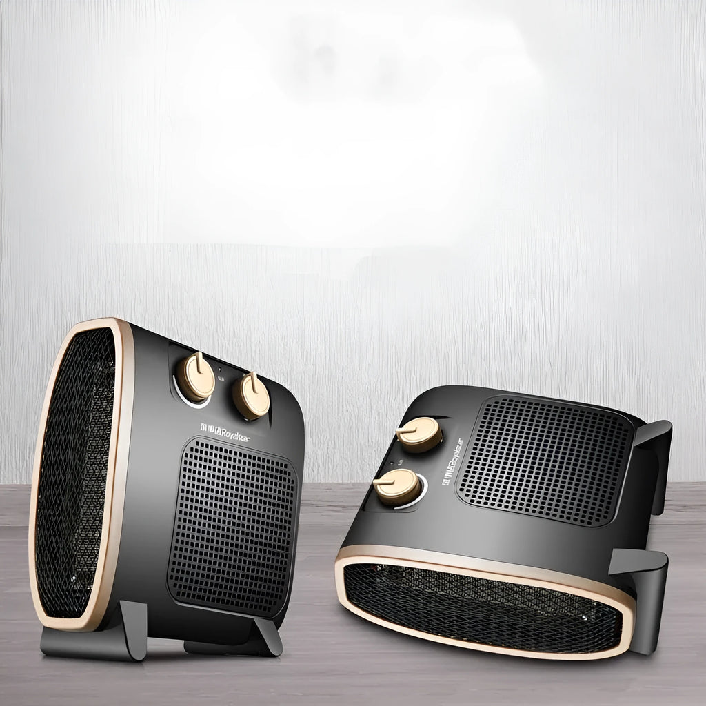 White and black gold portable electric fan heater with mechanical control knobs on the front.
