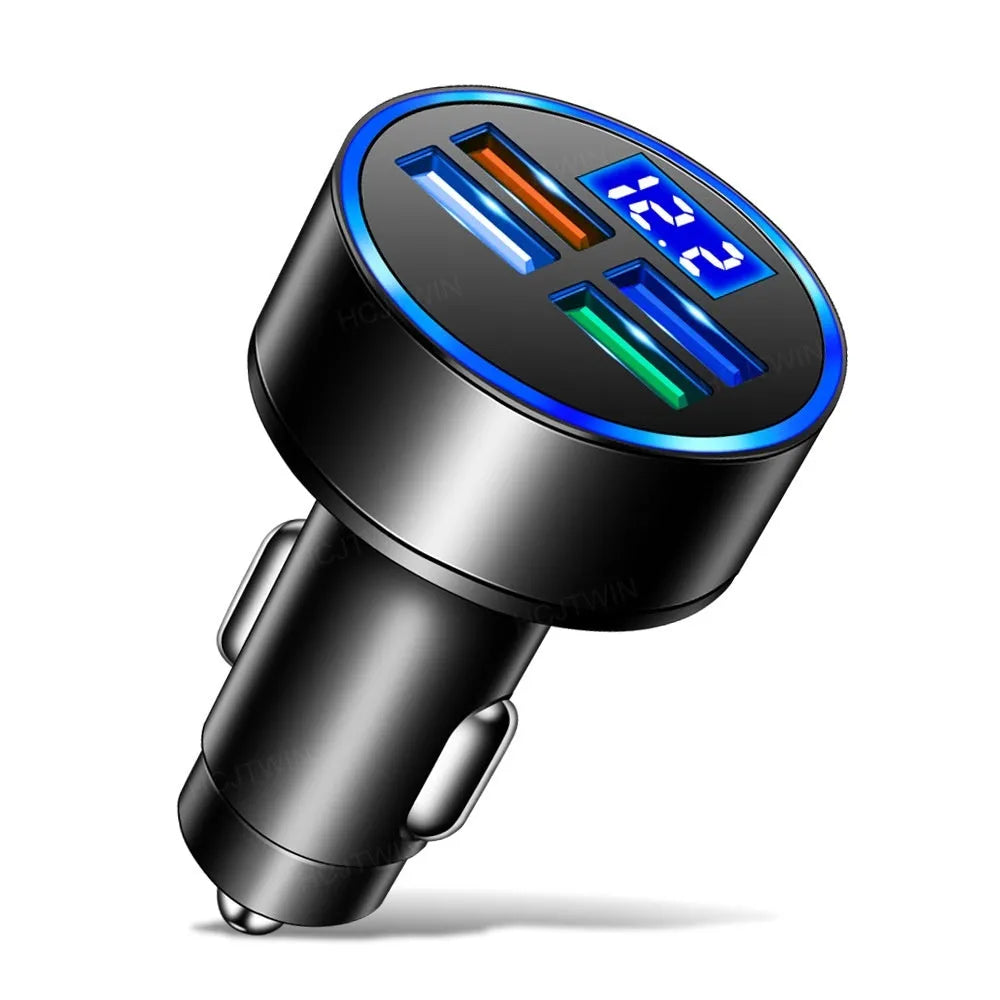 Black four-port USB car charger with cigarette lighter connector