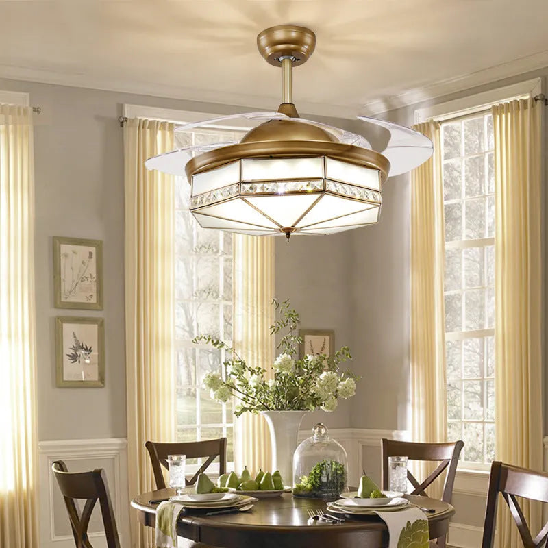 Gold ceiling fan light with invisible blades and remote control for 10-15 square metre rooms