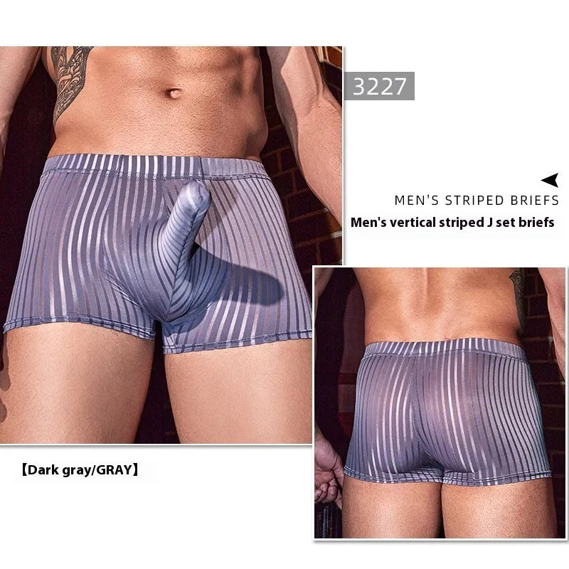 Men's black striped nylon boxer briefs laid flat, showing high elastic waistband and leg bands.