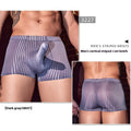 Men's black striped nylon boxer briefs laid flat, showing high elastic waistband and leg bands.