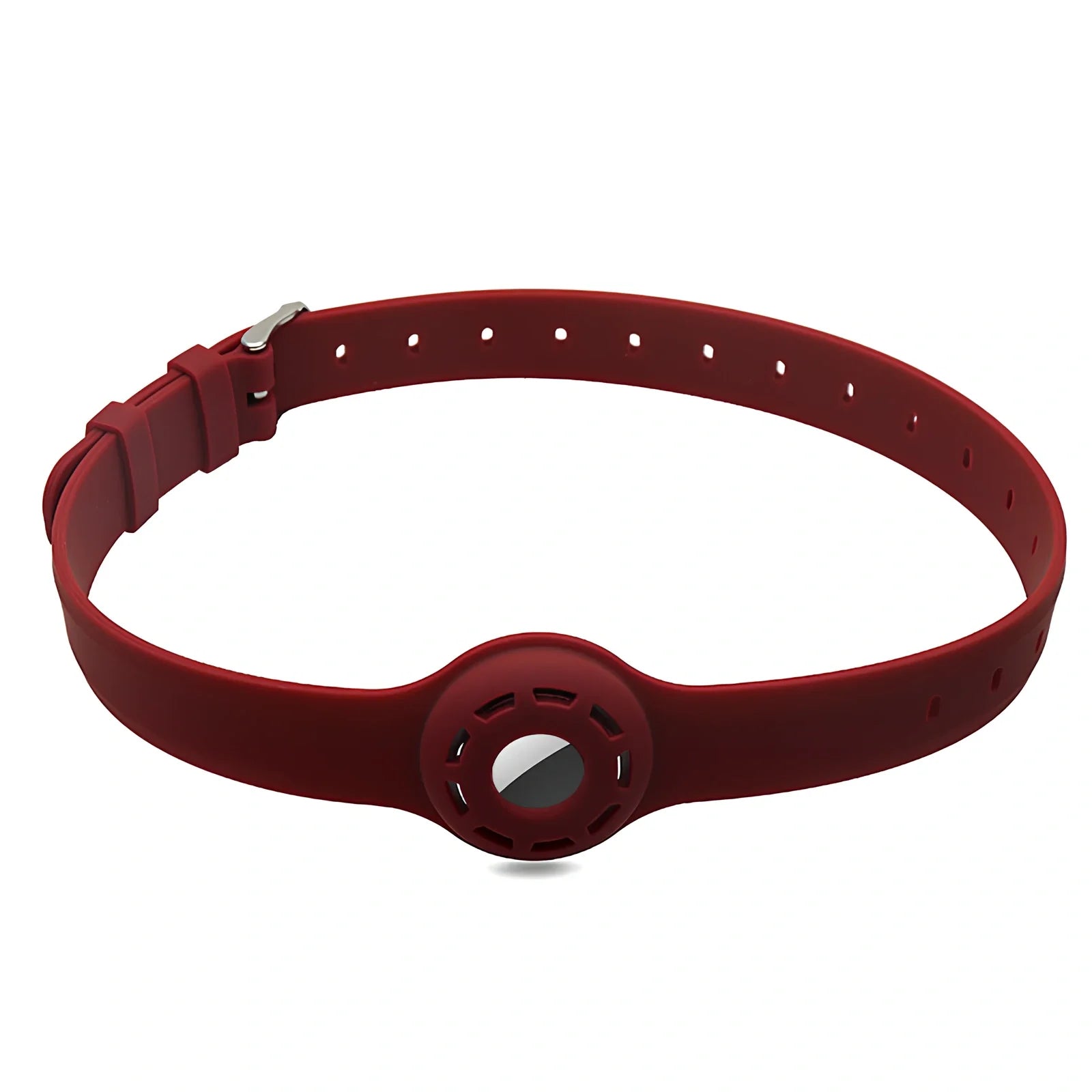 Red silicone AirTag tracker collar wrapped on pet neck, adjustable armband in solid colour for anti-lost security