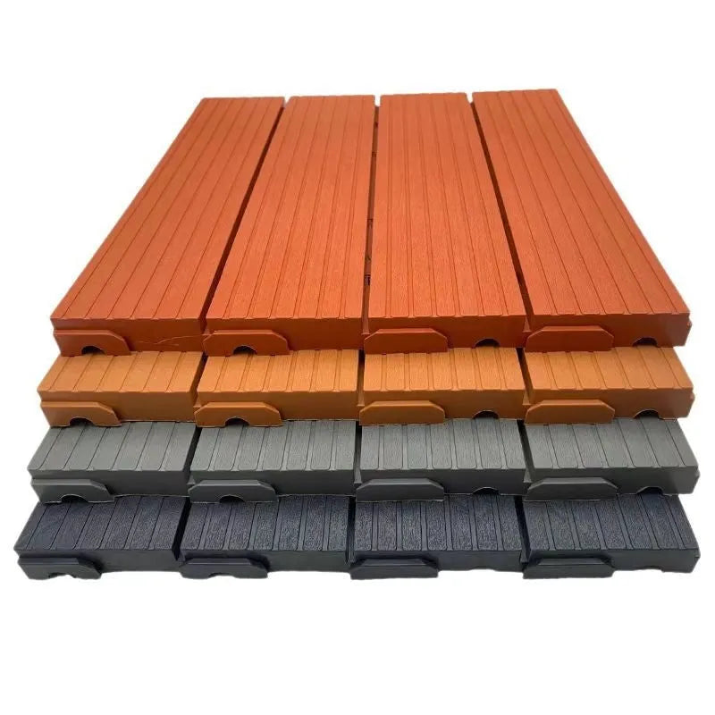 Ten wood grain style plastic floor tiles showing splicing edges and non-slip surface texture.