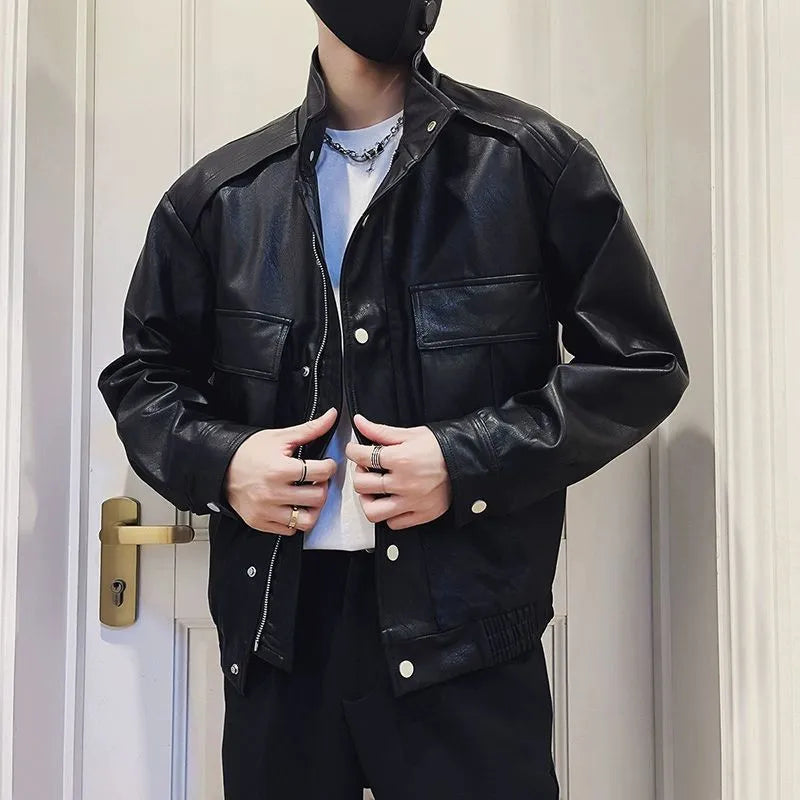 Men's black Korean-style PU leather jacket with straight hem and side pockets