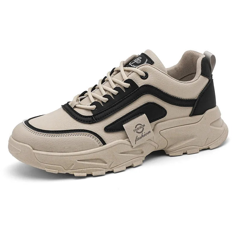 Leather waterproof outdoor sneakers in beige with low top, mesh lining, and flat heel