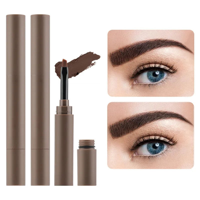 Dual-ended eyebrow makeup stick with cream pencil and powder in a case, shown in one of five natural shades.