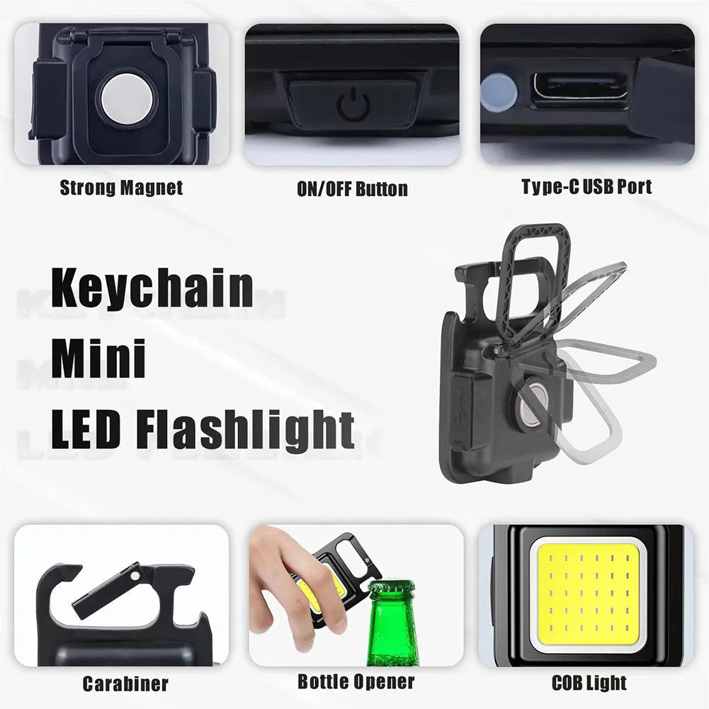 Mini rechargeable COB keychain flashlight with 400 lumens, USB cable, and hook for hands-free use as work light