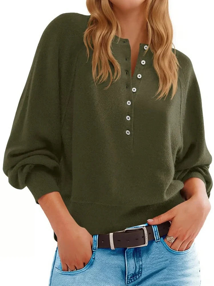Women's knitted V-neck sweater with loose lantern sleeves in Army Green colour