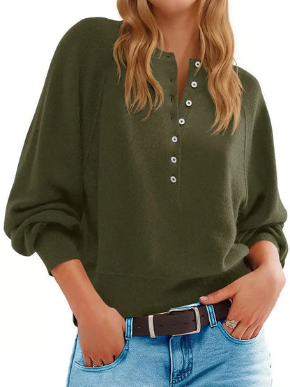 Women's knitted V-neck sweater with loose lantern sleeves in Army Green colour