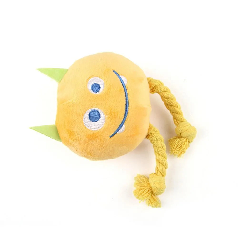 Dog squeaky toy with knot design in cotton rope, available in yellow or blue colours