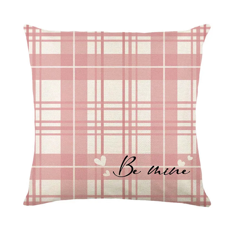 Plaid and heart print decorative pillow cover for Valentine's Day, shown in assorted colours.