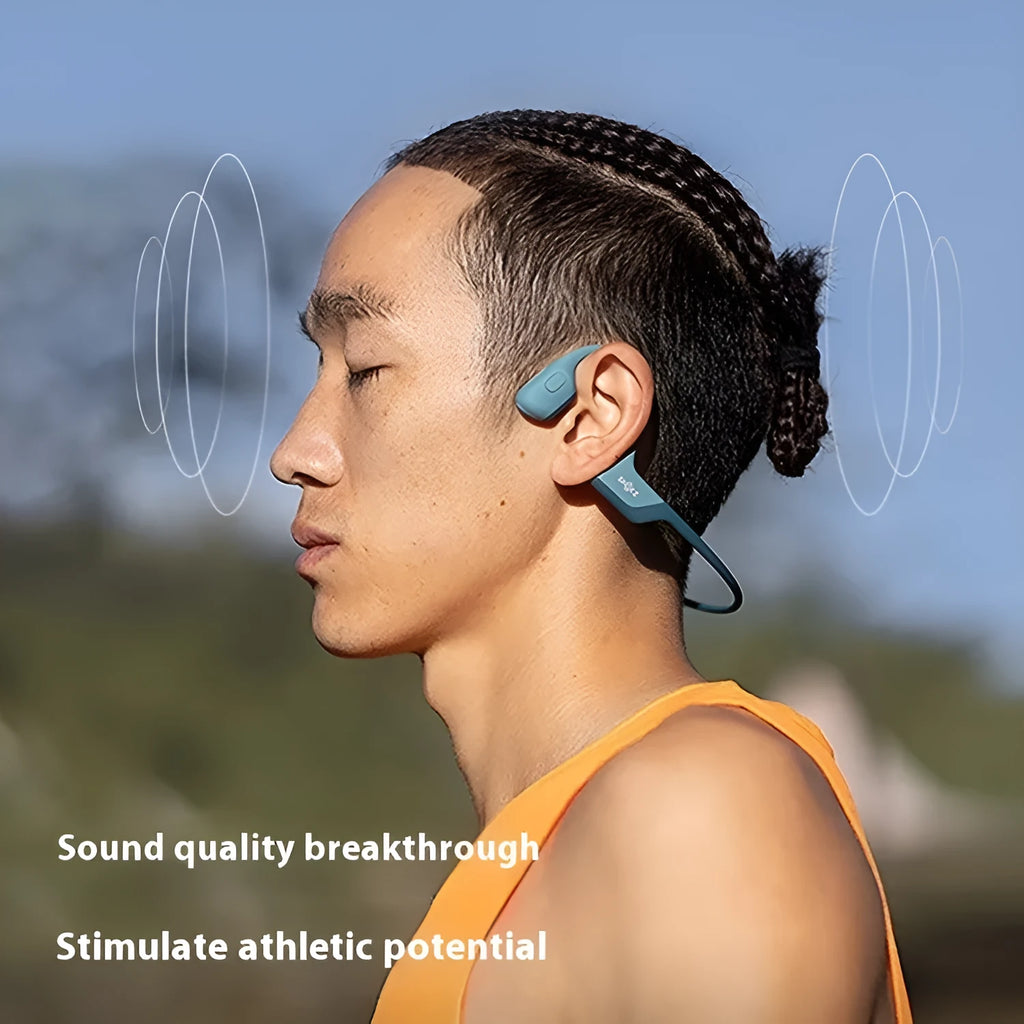 Titanium alloy bone conduction wireless sports earphones in Knight Black colour, shown in neck-hanging style.