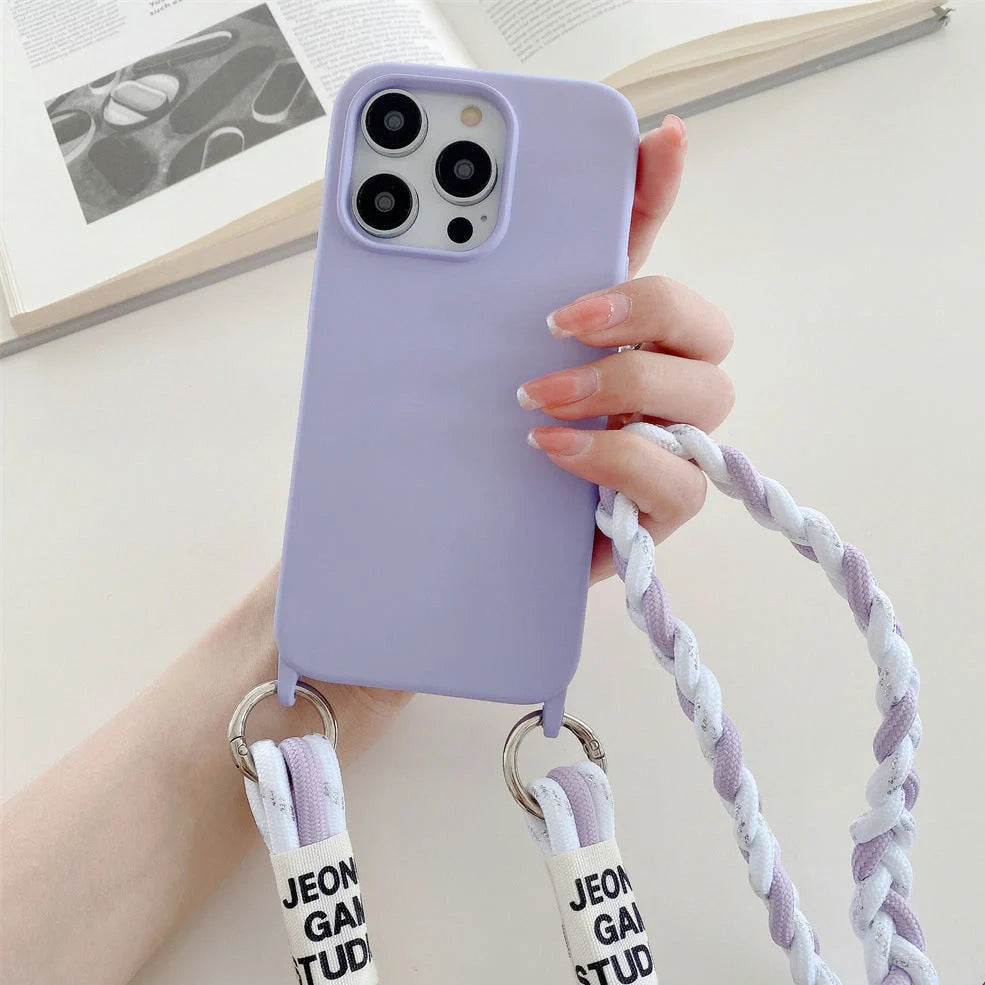 Woven fabric silicone phone case with cross-body lanyard in pink, purple, or antique white colours