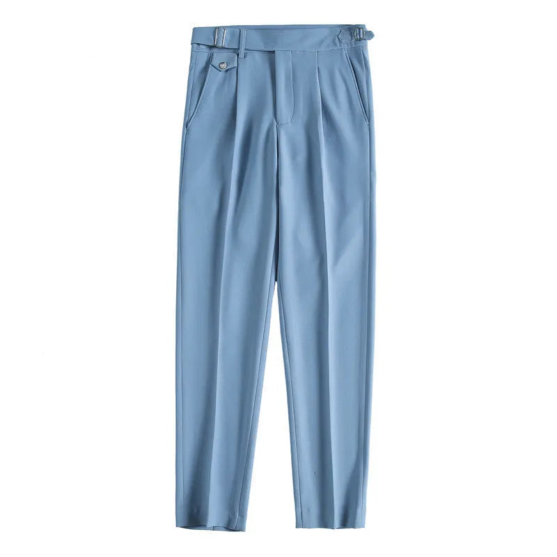 Men's solid colour straight leg casual trousers in polyester, shown in a light colour on a hanger.