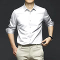 Business high-end ice silk shirt cardigan with lapel collar, slim fit, long sleeves, solid colour, polyester fabric
