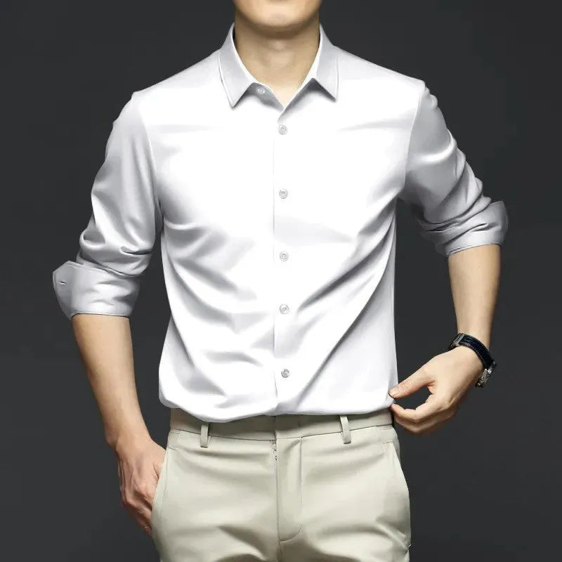 Business high-end ice silk shirt cardigan with lapel collar, slim fit, long sleeves, solid colour, polyester fabric