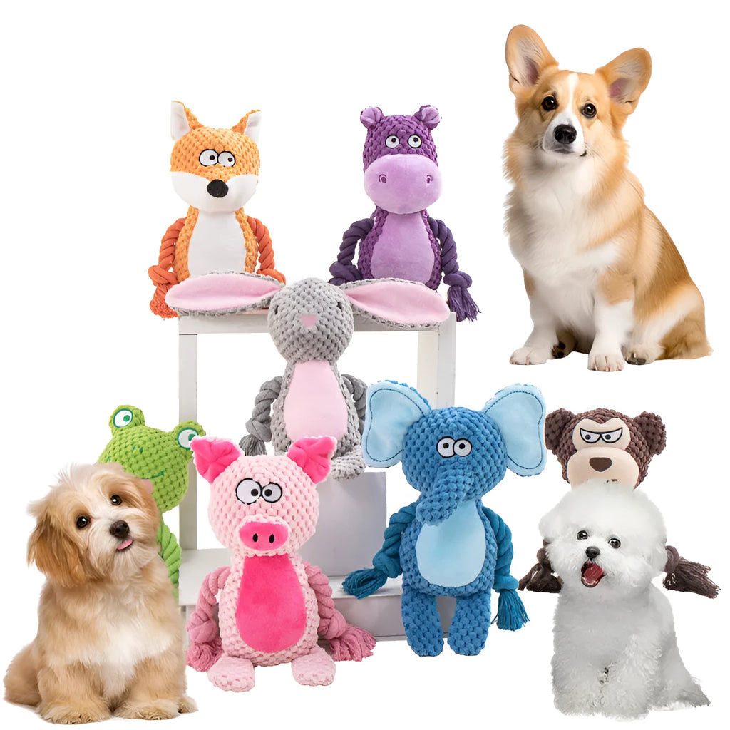 Hippo plush dog toy with integrated cotton rope for tug of war training