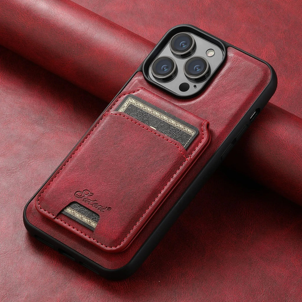 MagSafe silicone iPhone case with rear magnetic card holder in oil wax finish colours.