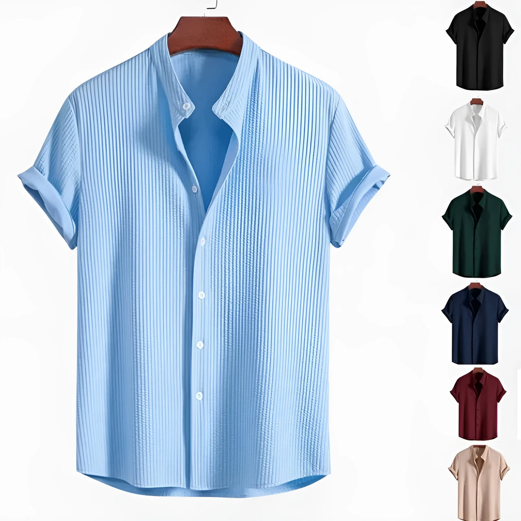 Short sleeve loose polyester fibre men's summer shirt in light blue, shown front view on plain background