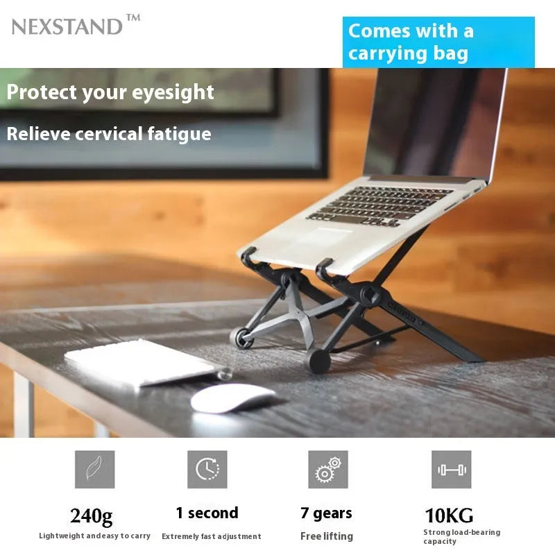 Sagacious black portable folding laptop bracket shown open and closed with its carrying case.