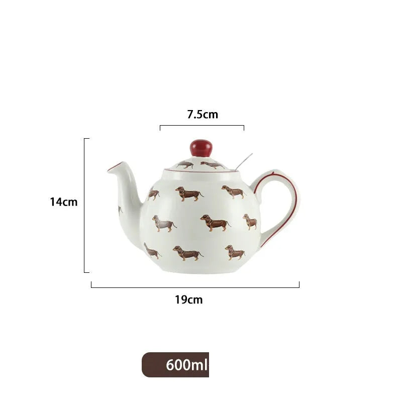Ceramic sausage dog teapot mug cup and saucer three-piece set with strainer