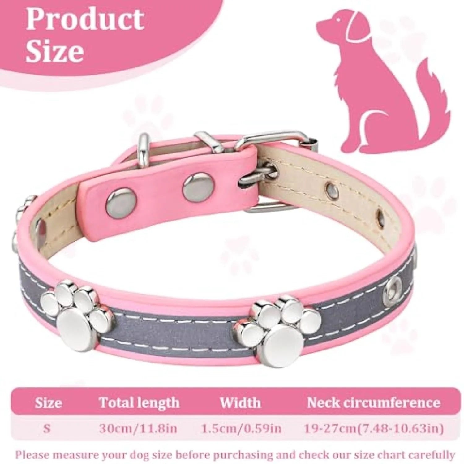 Reflective soft PU leather dog collar with metal buckle and decorative paw print rivets on a grey background.